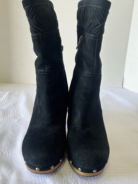 UGG Black Suede Mid-Calf Heeled Clog Boots